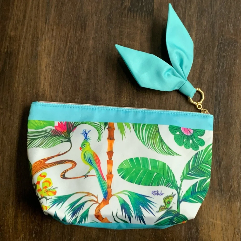 ESTEE LAUDER Women’s Turquoise Blue Tropical Print Zipper Top Cosmetic Bag